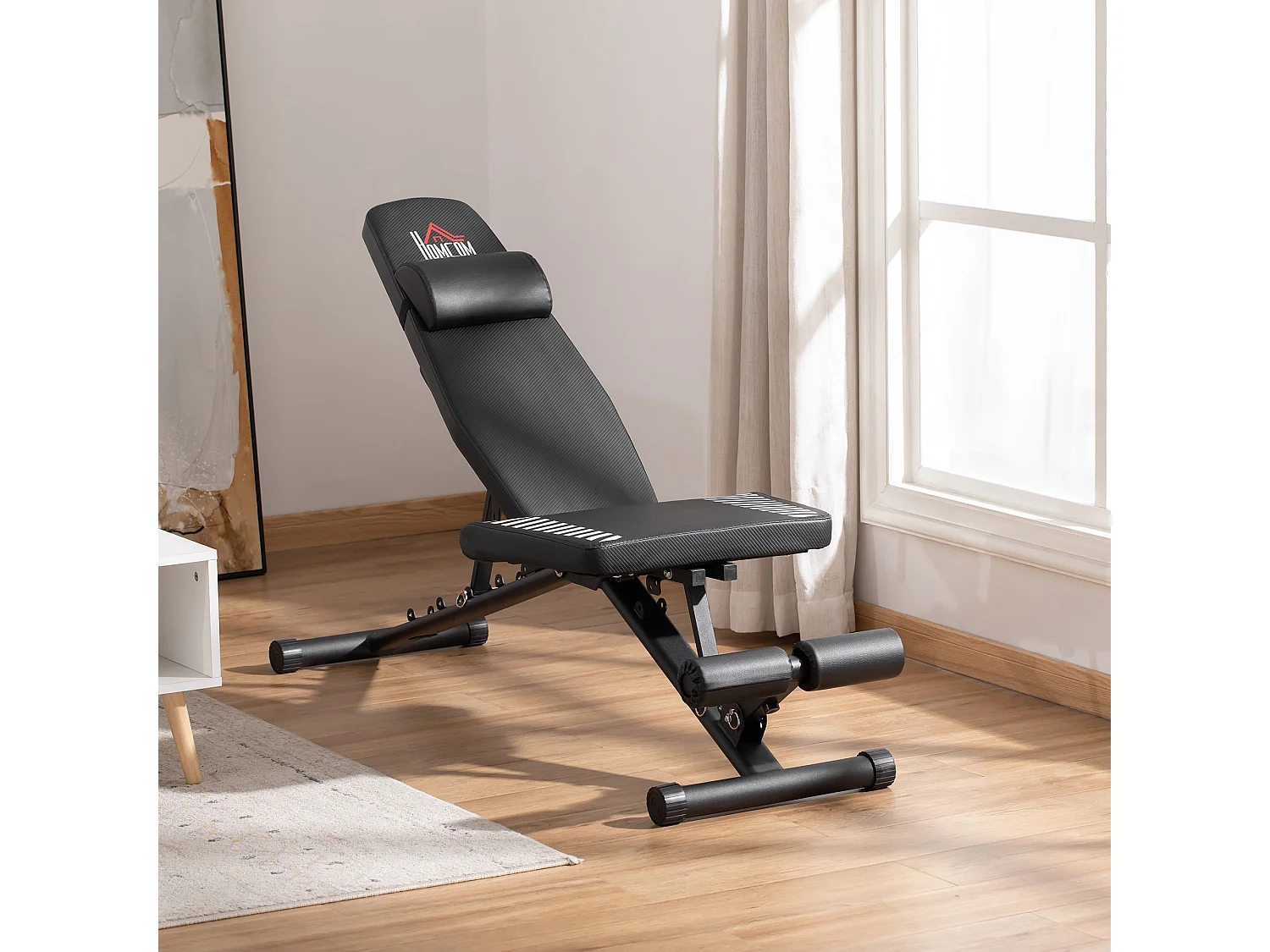 Banc de musculation pliable - dossier réglable 6 niv. assise 3 niv. - rembourrage épais, tétière amovible - acier noir synthétique effet fibre carbone