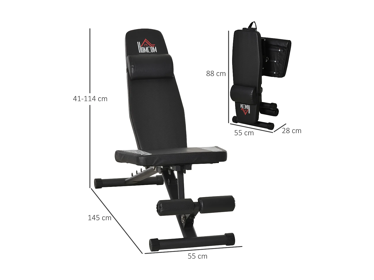 Banc de musculation pliable - dossier réglable 6 niv. assise 3 niv. - rembourrage épais, tétière amovible - acier noir synthétique effet fibre carbone