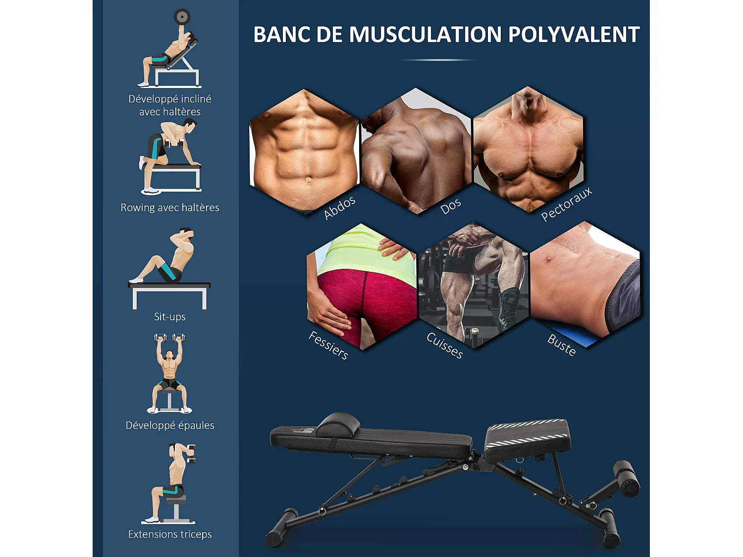 Banc de musculation pliable - dossier réglable 6 niv. assise 3 niv. - rembourrage épais, tétière amovible - acier noir synthétique effet fibre carbone