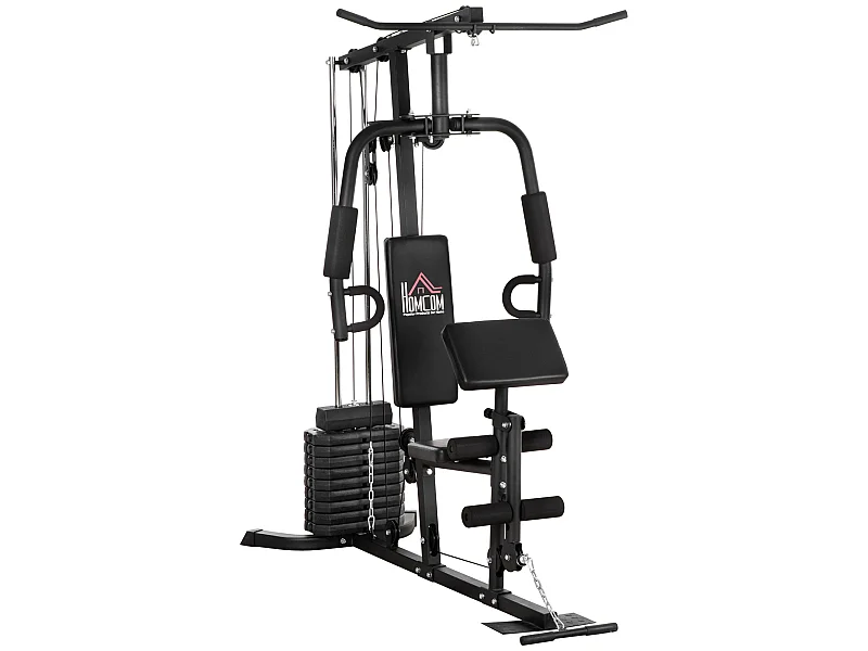 Station de musculation - entrainement complet - développé couché, butterfly, barre latissimus, curler, bande résistance - 9 contrepoids - acier noir