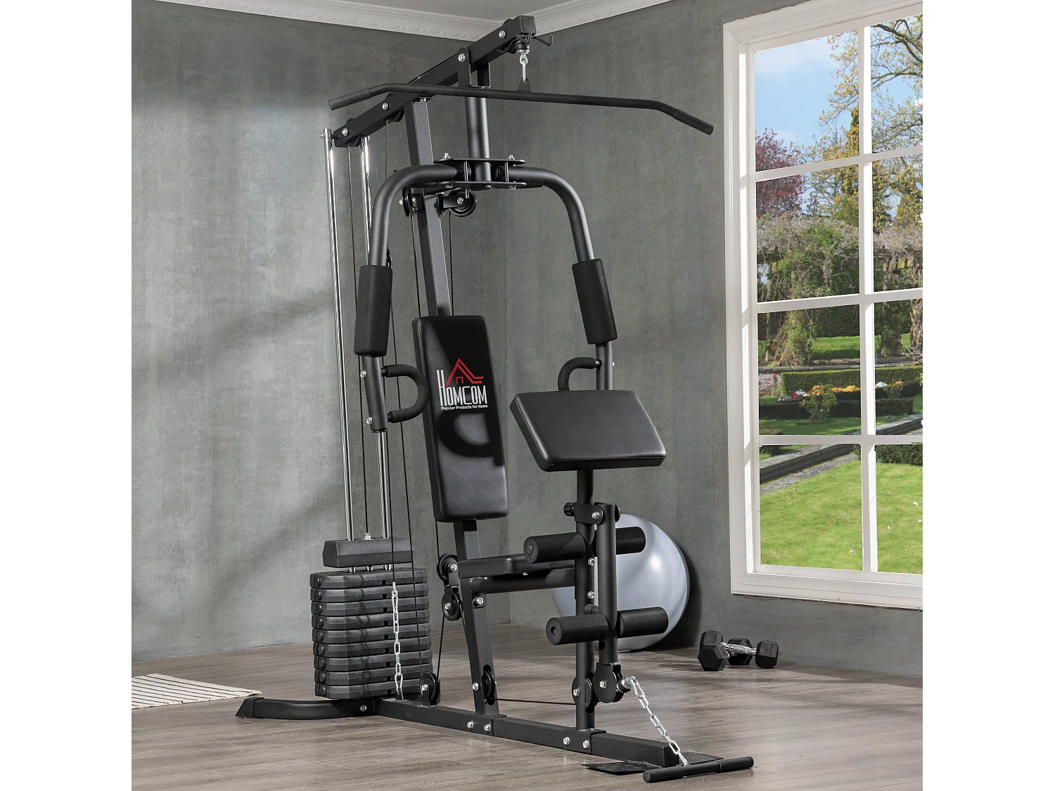 Station de musculation - entrainement complet - développé couché, butterfly, barre latissimus, curler, bande résistance - 9 contrepoids - acier noir