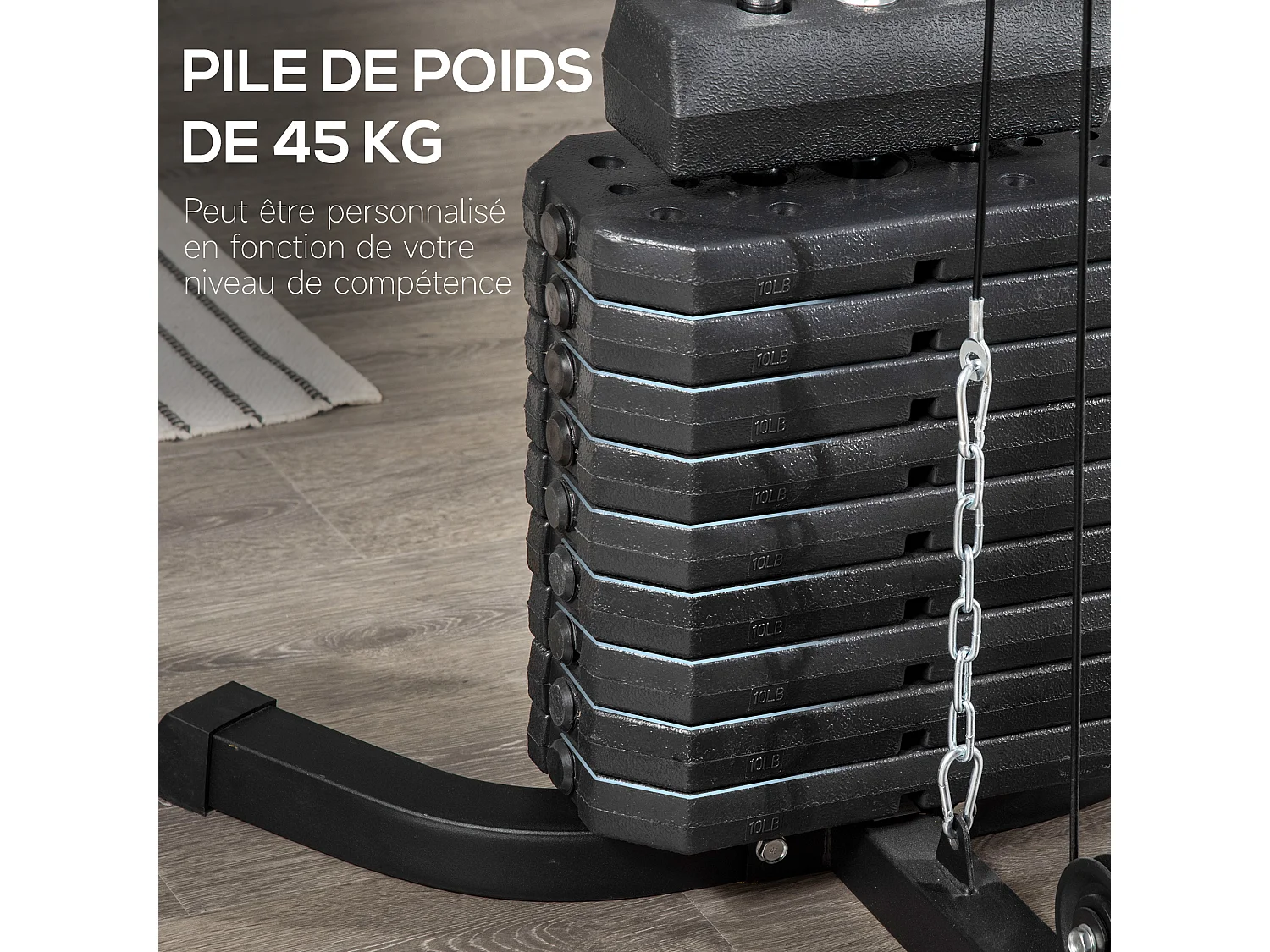 Station de musculation - entrainement complet - développé couché, butterfly, barre latissimus, curler, bande résistance - 9 contrepoids - acier noir