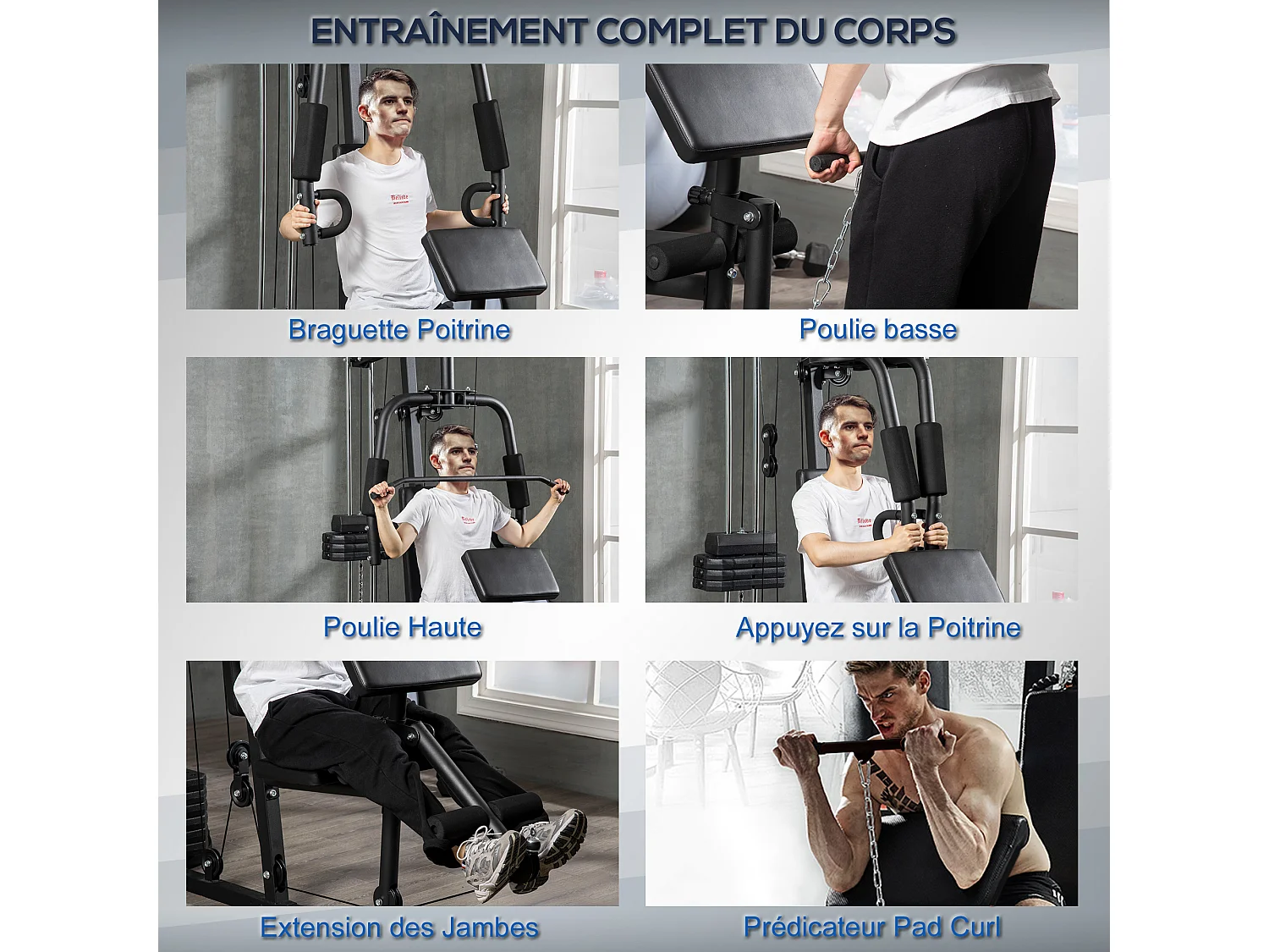 Station de musculation - entrainement complet - développé couché, butterfly, barre latissimus, curler, bande résistance - 9 contrepoids - acier noir