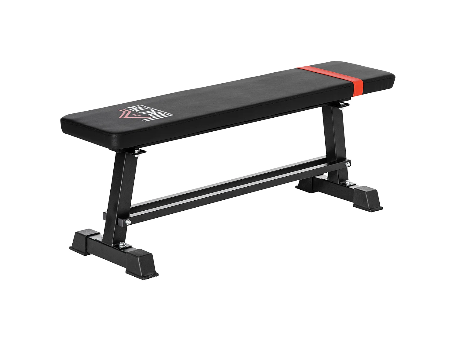Banc de musculation à plat - rack haltères intégré - piètement antidérapant - châssis acier - revêtement synthétique PU noir rouge