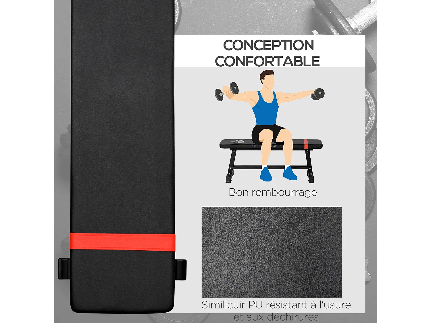 Banc de musculation à plat - rack haltères intégré - piètement antidérapant - châssis acier - revêtement synthétique PU noir rouge