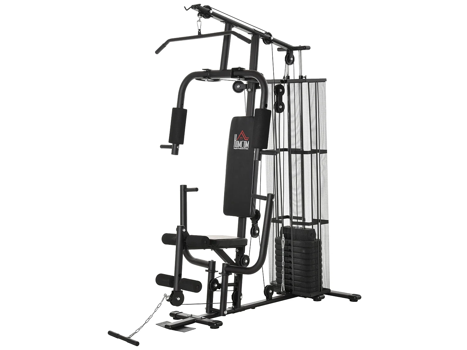 Station de musculation - entrainement complet - développé couché, butterfly, barre latissimus, curler, bande résistance - 10 contrepoids - acier noir