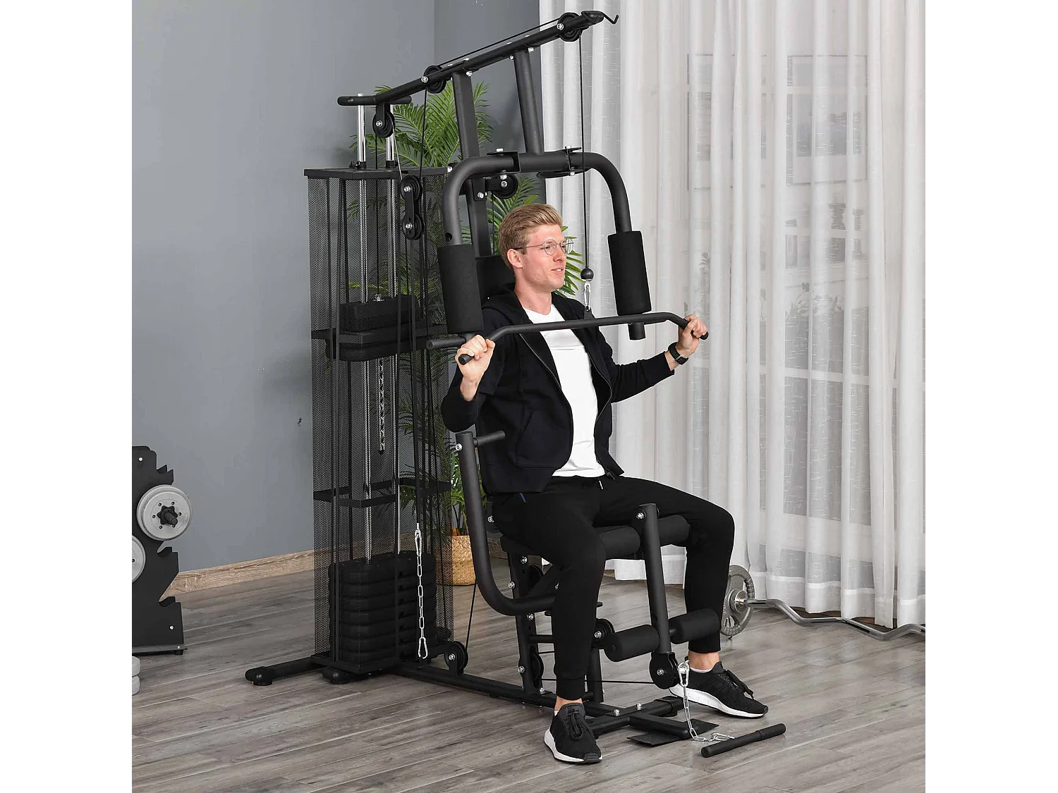 Station de musculation - entrainement complet - développé couché, butterfly, barre latissimus, curler, bande résistance - 10 contrepoids - acier noir