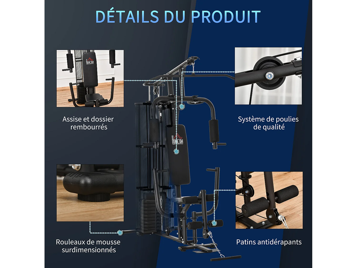 Station de musculation - entrainement complet - développé couché, butterfly, barre latissimus, curler, bande résistance - 10 contrepoids - acier noir