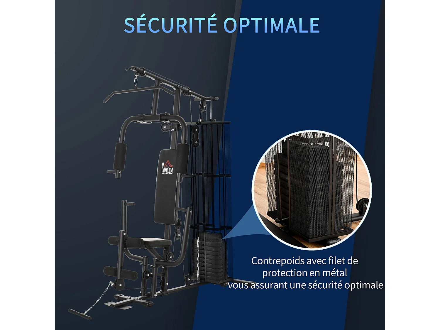 Station de musculation - entrainement complet - développé couché, butterfly, barre latissimus, curler, bande résistance - 10 contrepoids - acier noir
