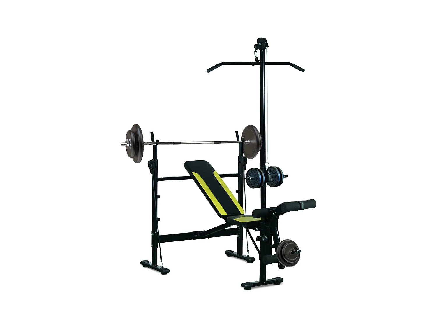 Banc de musculation Fitness entrainement complet dossier réglable cordes traction curler supports barre et haltères noir et jaune