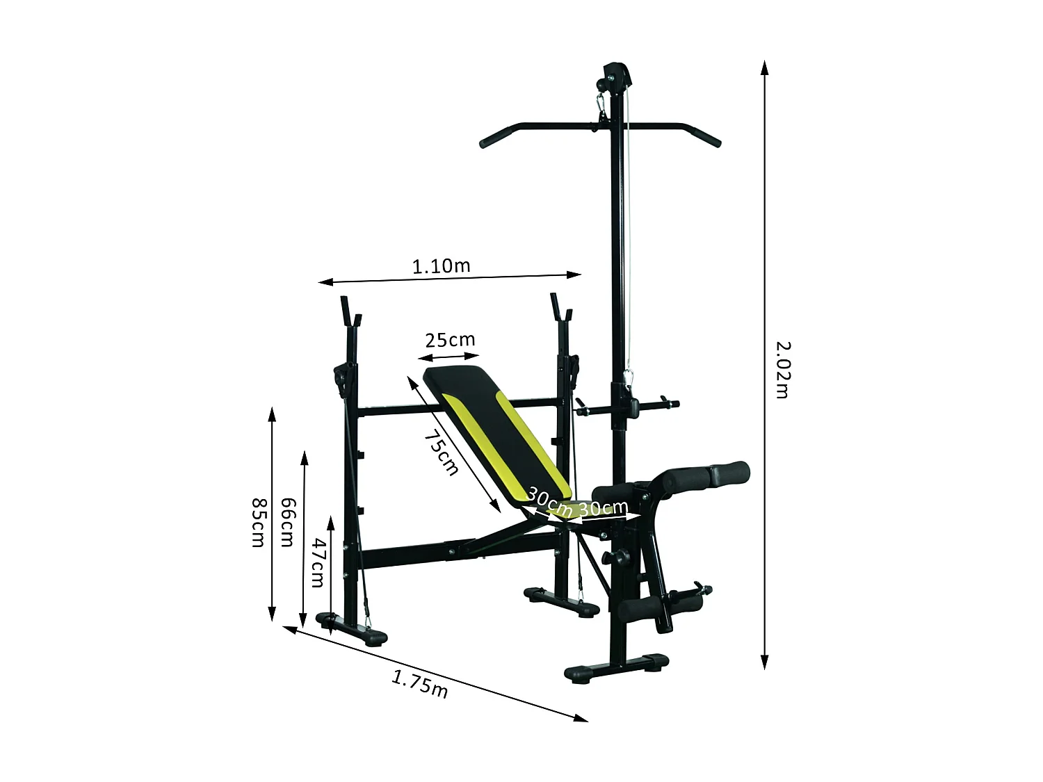 Banc de musculation Fitness entrainement complet dossier réglable cordes traction curler supports barre et haltères noir et jaune