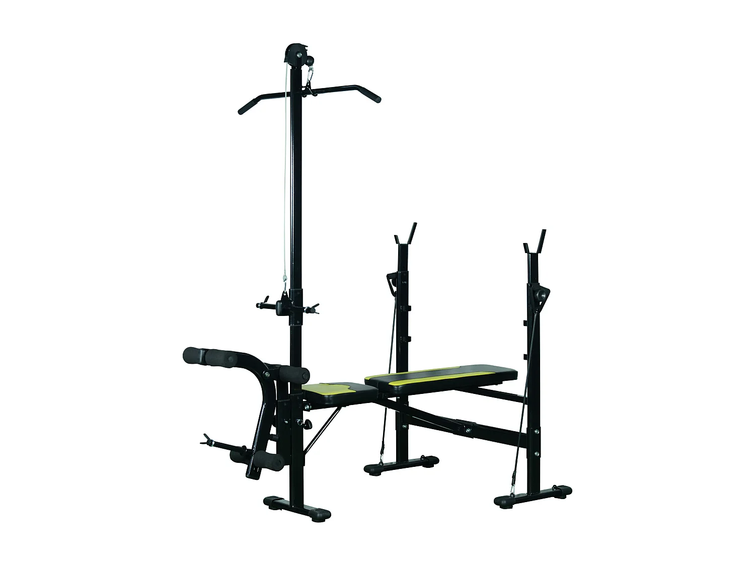 Banc de musculation Fitness entrainement complet dossier réglable cordes traction curler supports barre et haltères noir et jaune