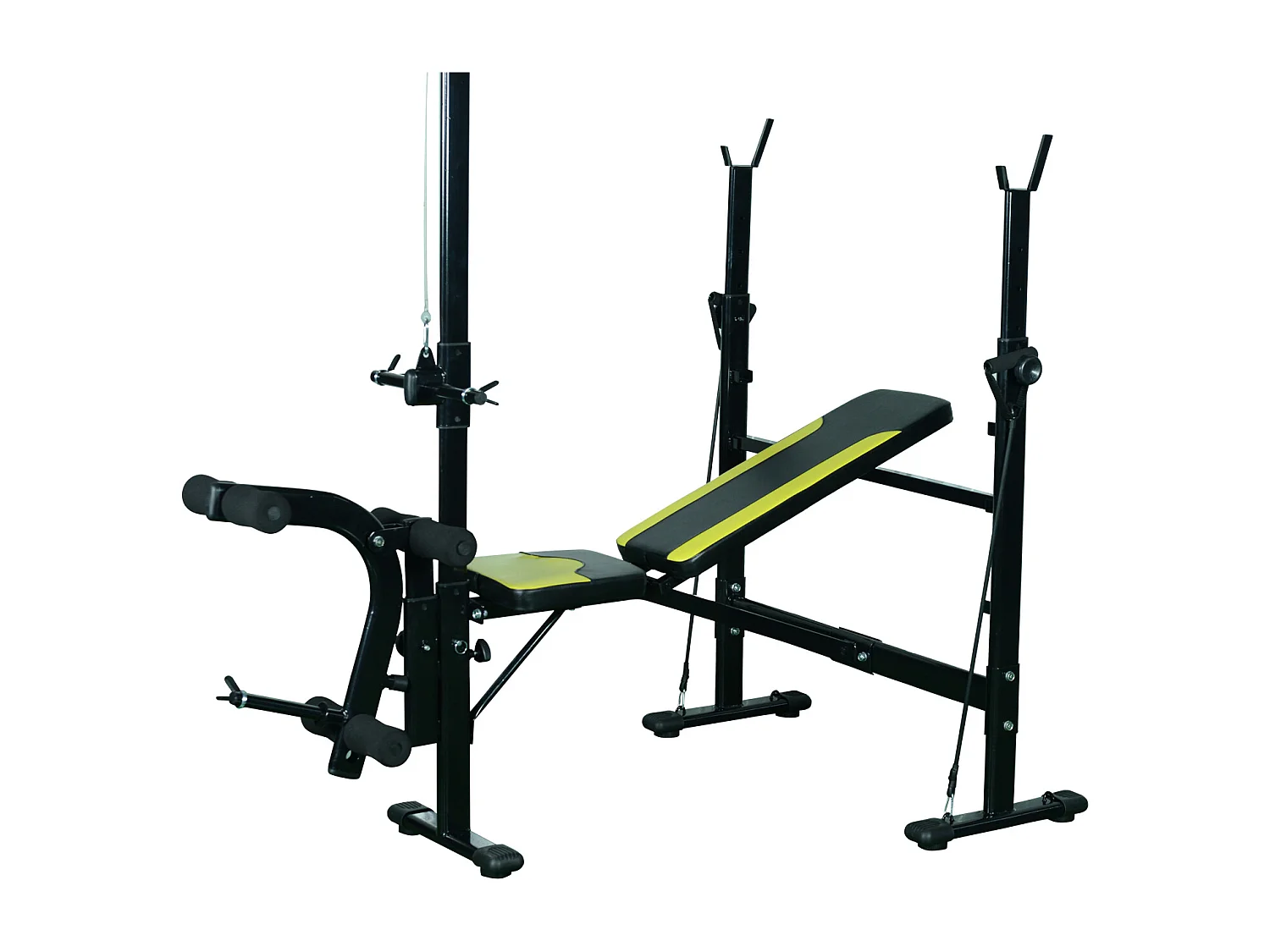 Banc de musculation Fitness entrainement complet dossier réglable cordes traction curler supports barre et haltères noir et jaune