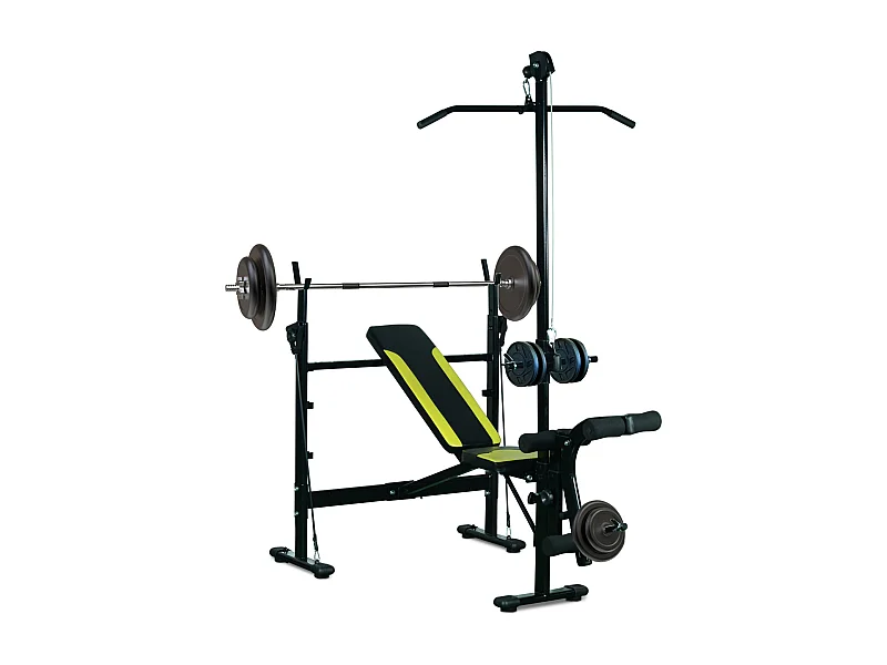 Banc de musculation Fitness entrainement complet dossier réglable cordes traction curler supports barre et haltères noir et jaune
