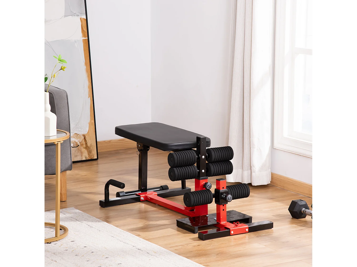 Banc à squat pliable sissy squat machine à squat - appareil de musculation 3 en 1 - hauteur réglable 6 positions - acier synthétique rouge noir