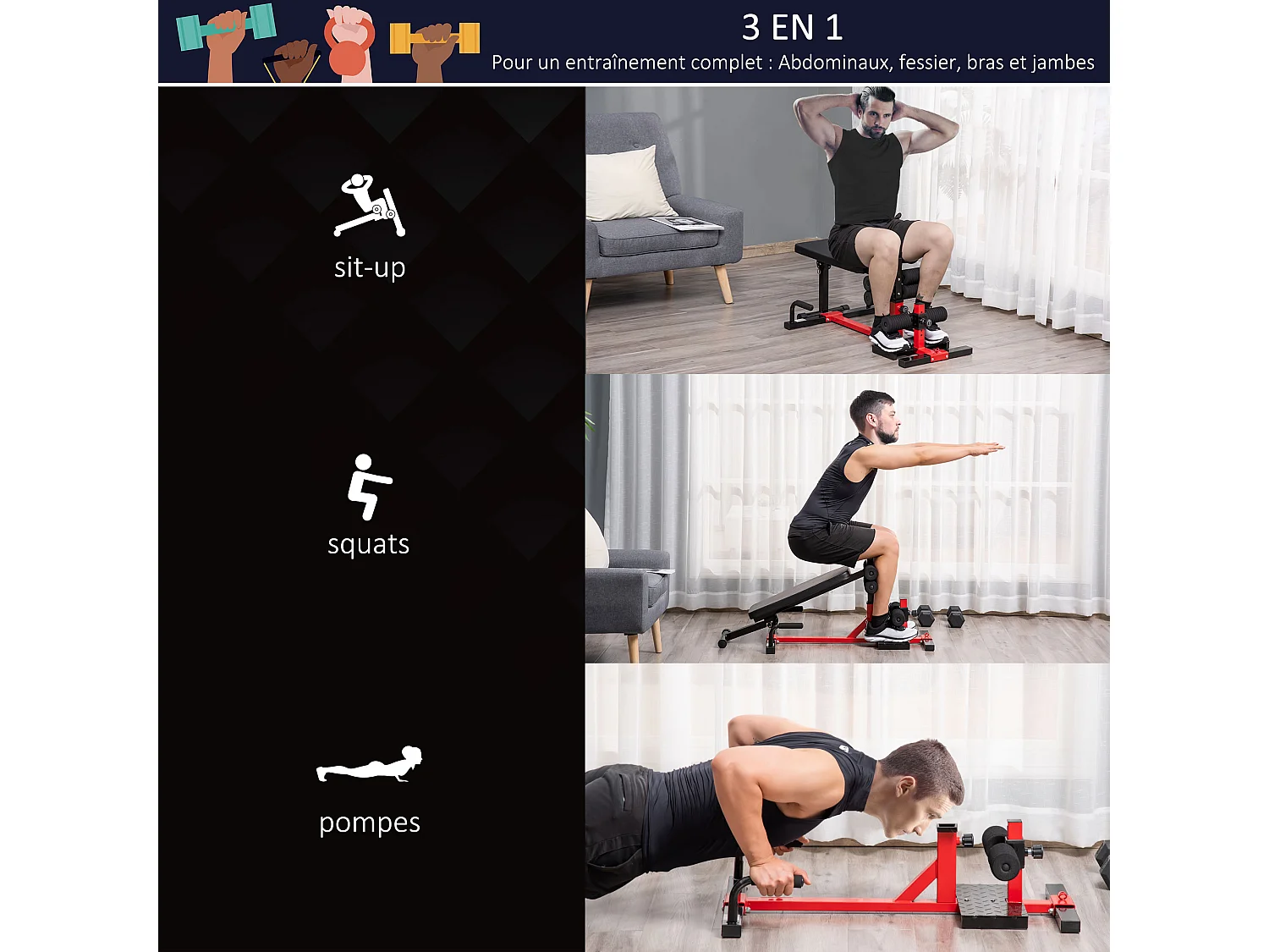 Banc à squat pliable sissy squat machine à squat - appareil de musculation 3 en 1 - hauteur réglable 6 positions - acier synthétique rouge noir