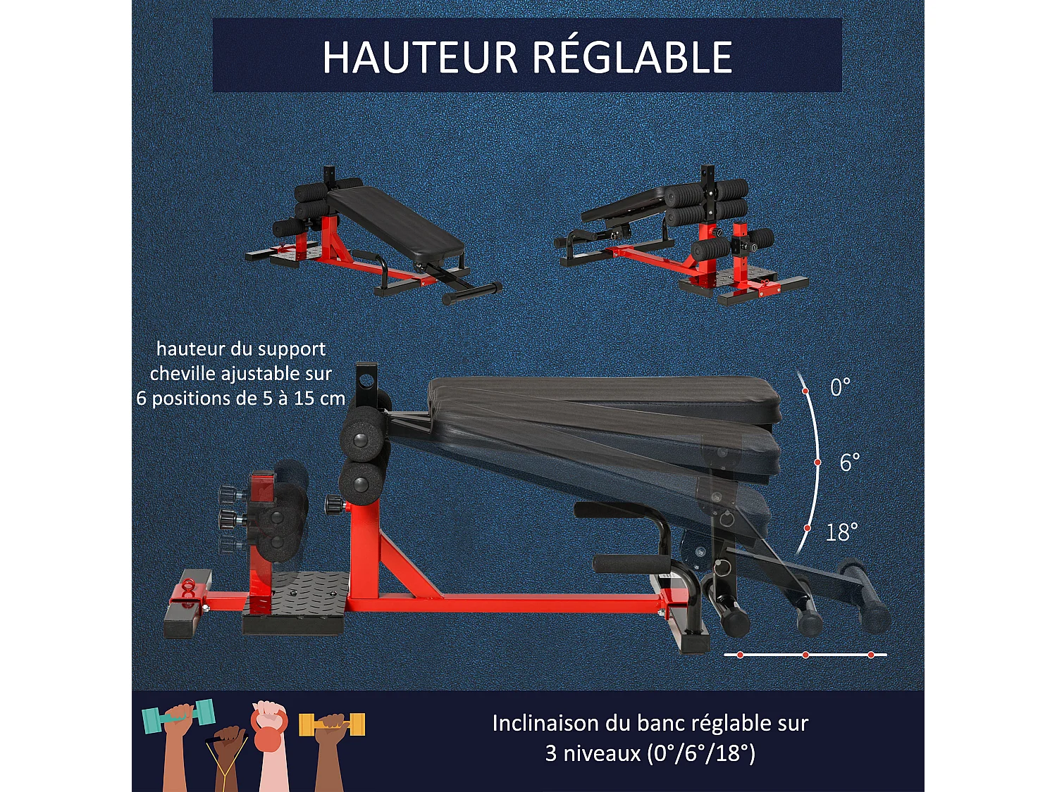 Banc à squat pliable sissy squat machine à squat - appareil de musculation 3 en 1 - hauteur réglable 6 positions - acier synthétique rouge noir