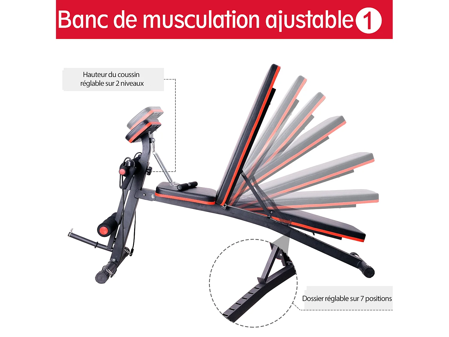 Banc de musculation pliable inclinable réglable 160L x 53l x 106H cm sangles élastiques + support haltères inclus acier noir rouge