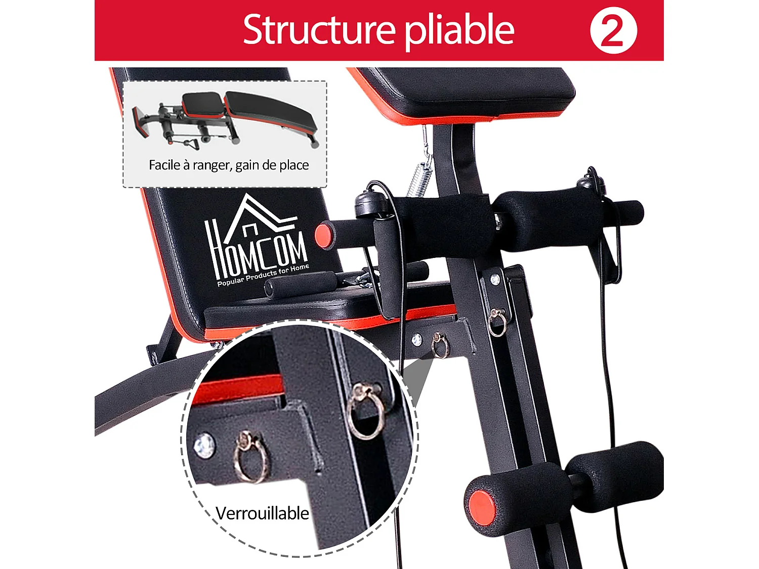 Banc de musculation pliable inclinable réglable 160L x 53l x 106H cm sangles élastiques + support haltères inclus acier noir rouge