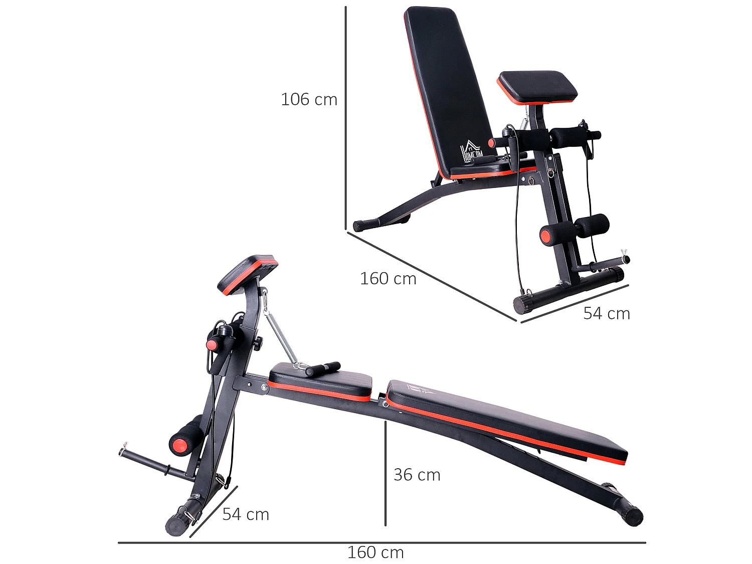 Banc de musculation pliable inclinable réglable 160L x 53l x 106H cm sangles élastiques + support haltères inclus acier noir rouge