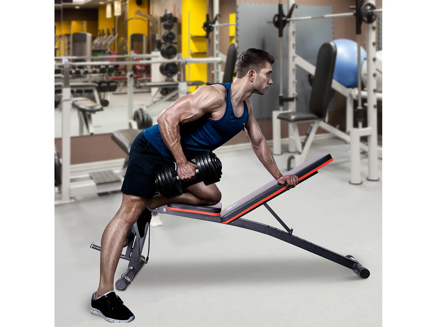 Banc de musculation pliable inclinable réglable sangles élastiques + support haltères inclus acier noir rouge