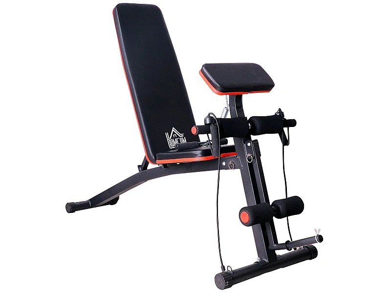 Banc de musculation pliable inclinable réglable sangles élastiques + support haltères inclus acier noir rouge