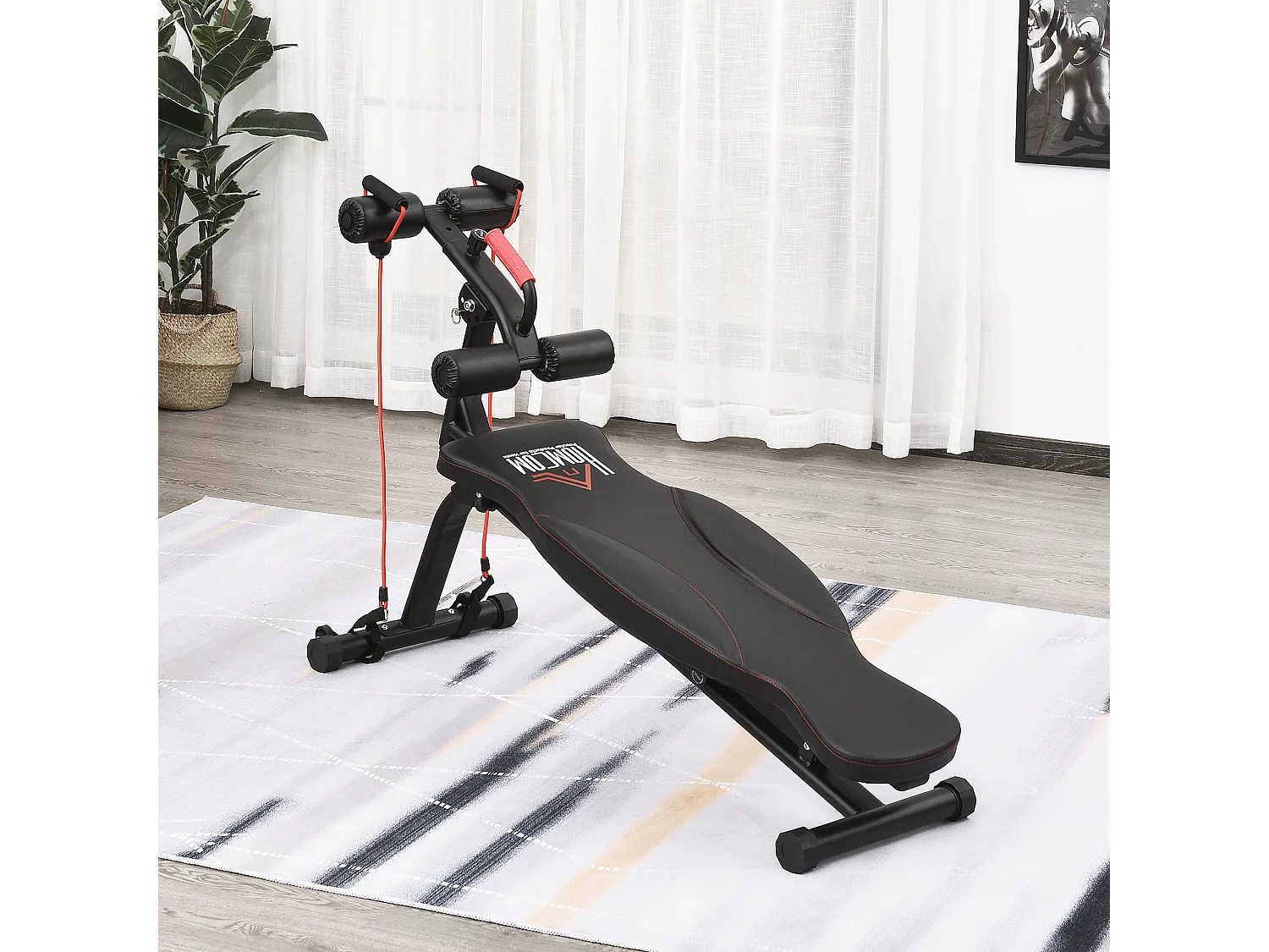Banc de musculation pliable inclinable multifonction banc Fitness sit-up bandes d'extension latérales + poignée traction acier revêtement synthétique noir rouge