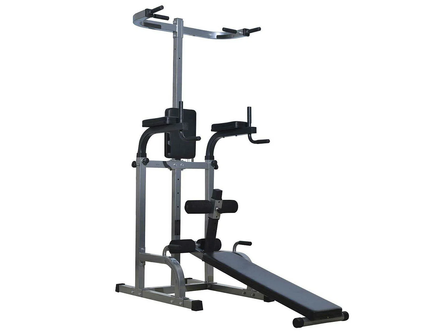 Station de musculation entrainement complet - barre de traction, à dips, banc de musculation, poignées push-up, curls - acier synthétique gris noir