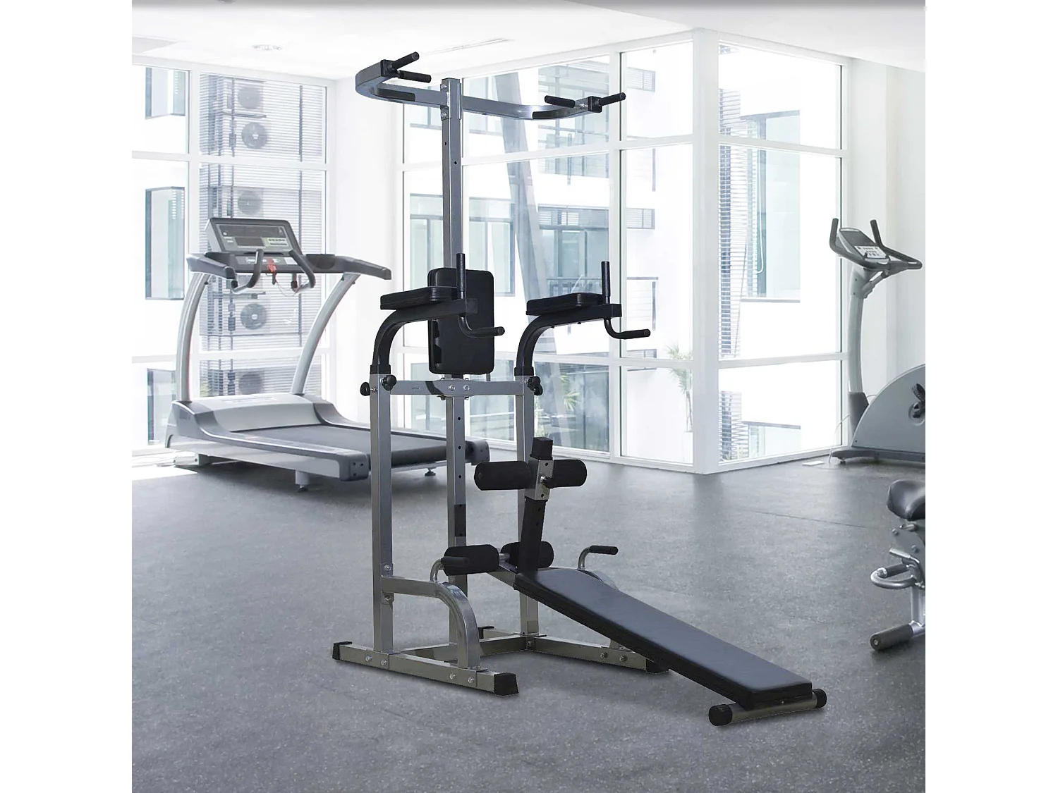 Station de musculation entrainement complet - barre de traction, à dips, banc de musculation, poignées push-up, curls - acier synthétique gris noir