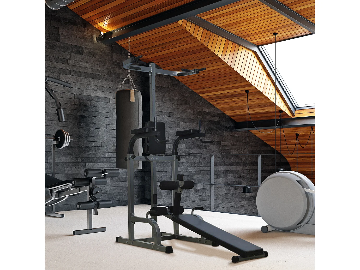 Station de musculation entrainement complet - barre de traction, à dips, banc de musculation, poignées push-up, curls - acier synthétique gris noir