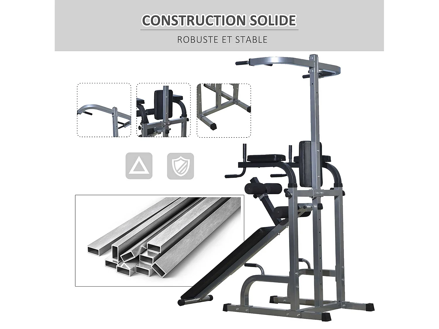 Station de musculation entrainement complet - barre de traction, à dips, banc de musculation, poignées push-up, curls - acier synthétique gris noir