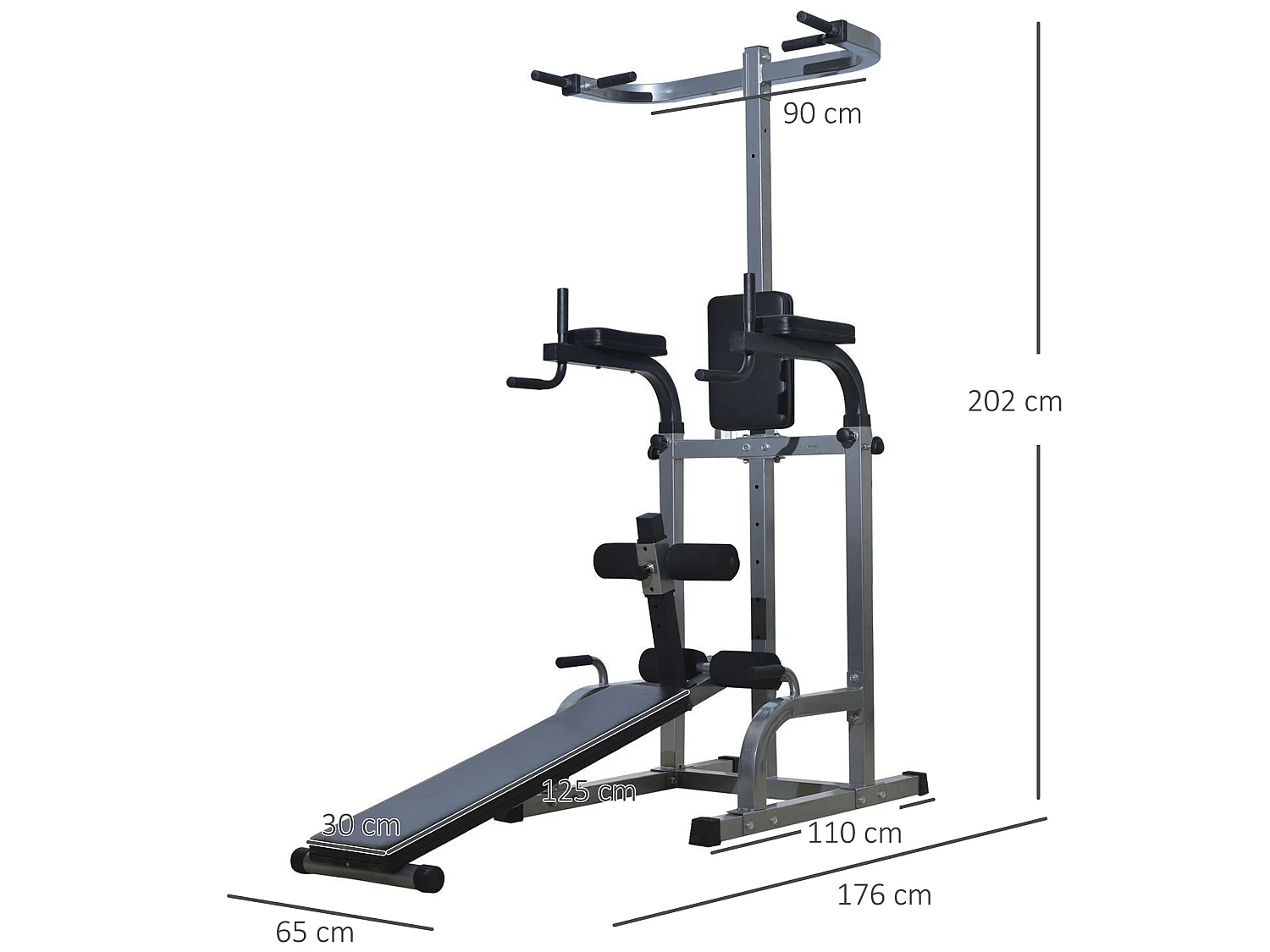 Station de musculation entrainement complet - barre de traction, à dips, banc de musculation, poignées push-up, curls - acier synthétique gris noir