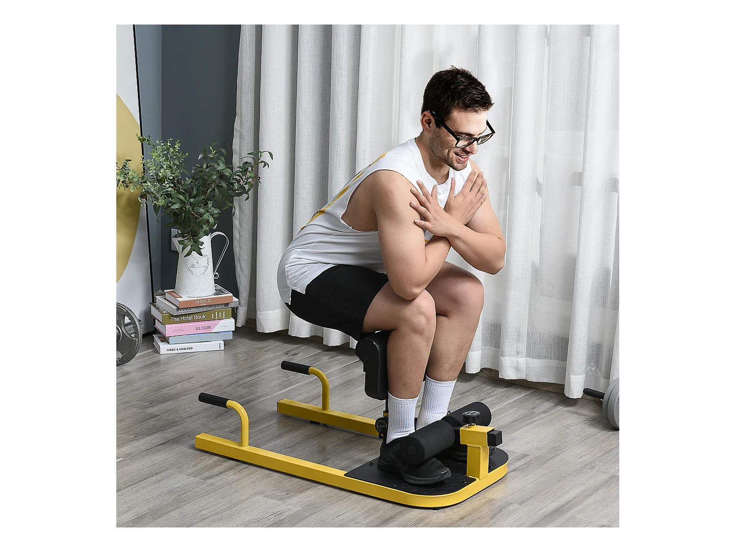 Banc à squat sissy squat machine à squat appareil de musculation hauteur coussin et rouleaux réglables acier jaune noir