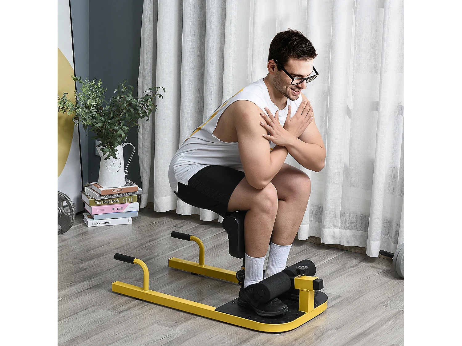 Banc à squat sissy squat machine à squat appareil de musculation hauteur coussin et rouleaux réglables acier jaune noir