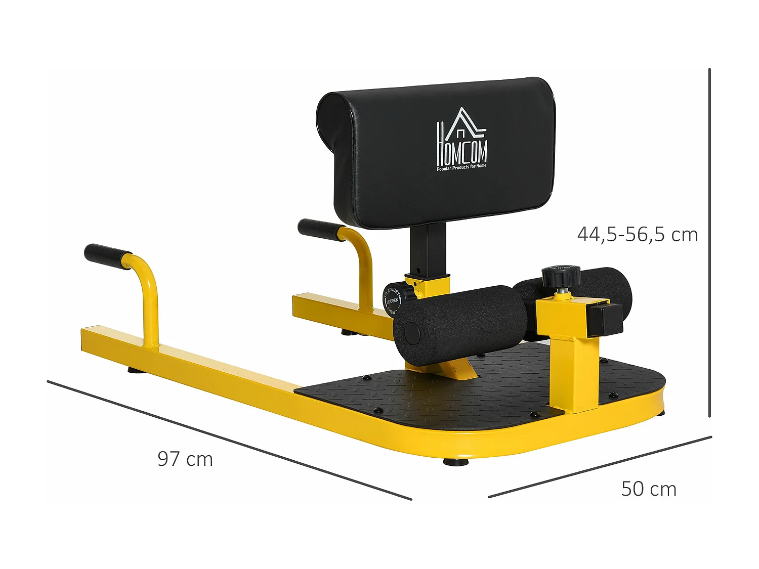 Banc à squat sissy squat machine à squat appareil de musculation hauteur coussin et rouleaux réglables acier jaune noir