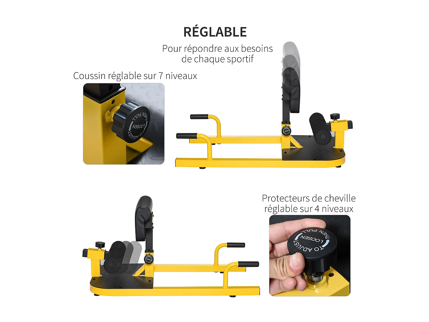Banc à squat sissy squat machine à squat appareil de musculation hauteur coussin et rouleaux réglables acier jaune noir