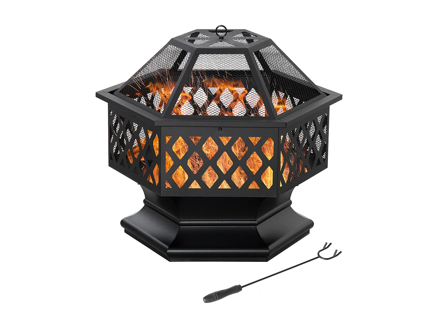 Brasero cheminée foyer extérieur hexagonal en acier pare-étincelles avec tisonnier dim. 70L x 70l x 58H cm - noir