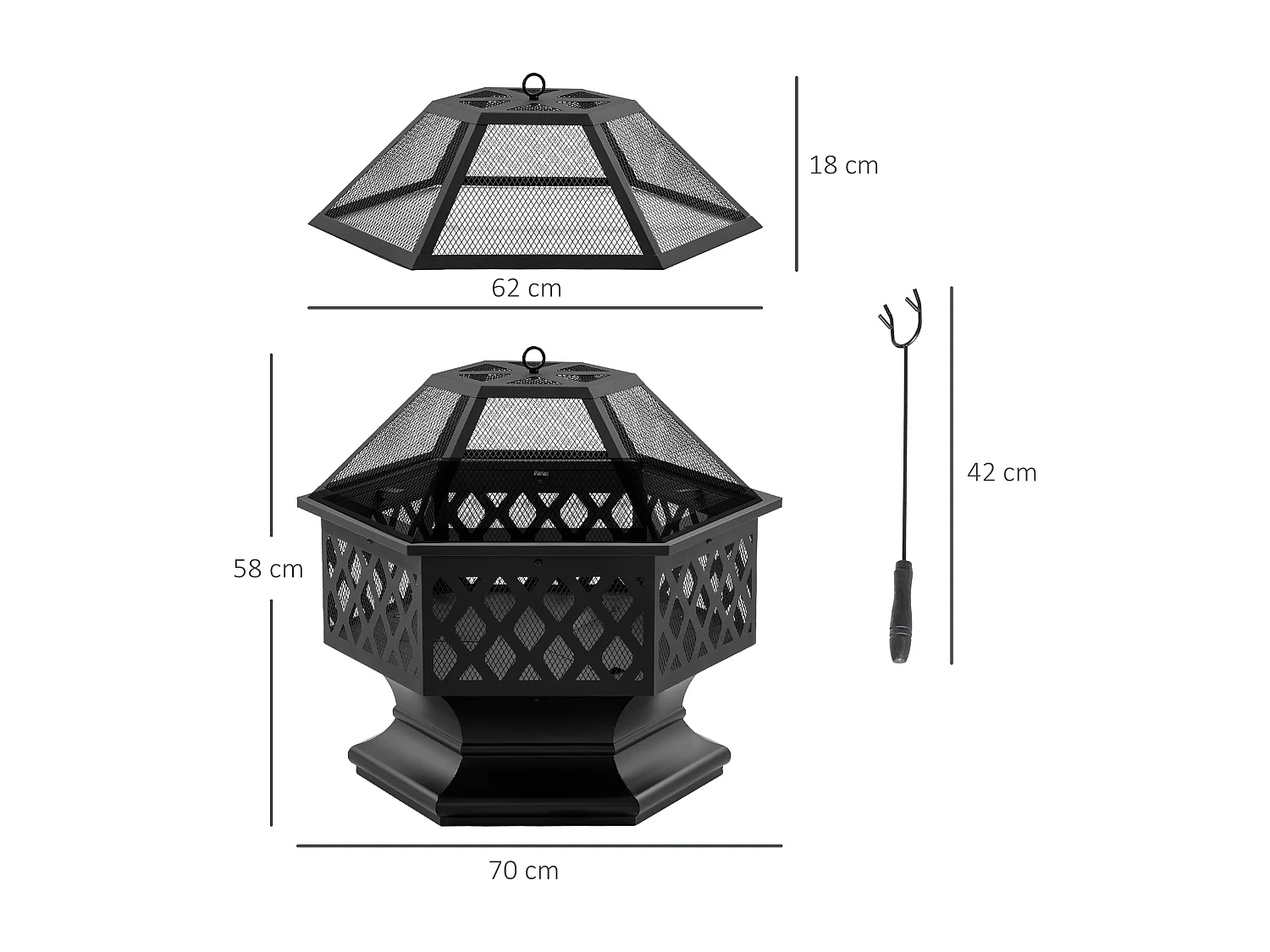 Brasero cheminée foyer extérieur hexagonal en acier pare-étincelles avec tisonnier dim. 70L x 70l x 58H cm - noir