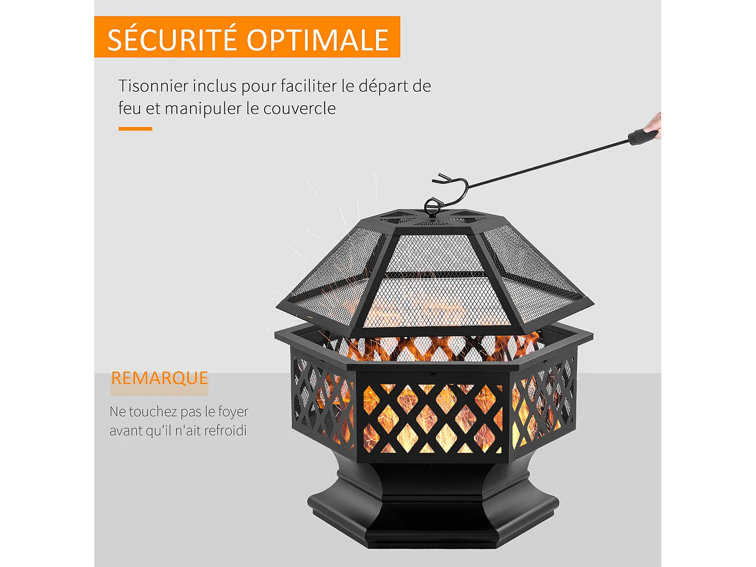 Brasero cheminée foyer extérieur hexagonal en acier pare-étincelles avec tisonnier dim. 70L x 70l x 58H cm - noir