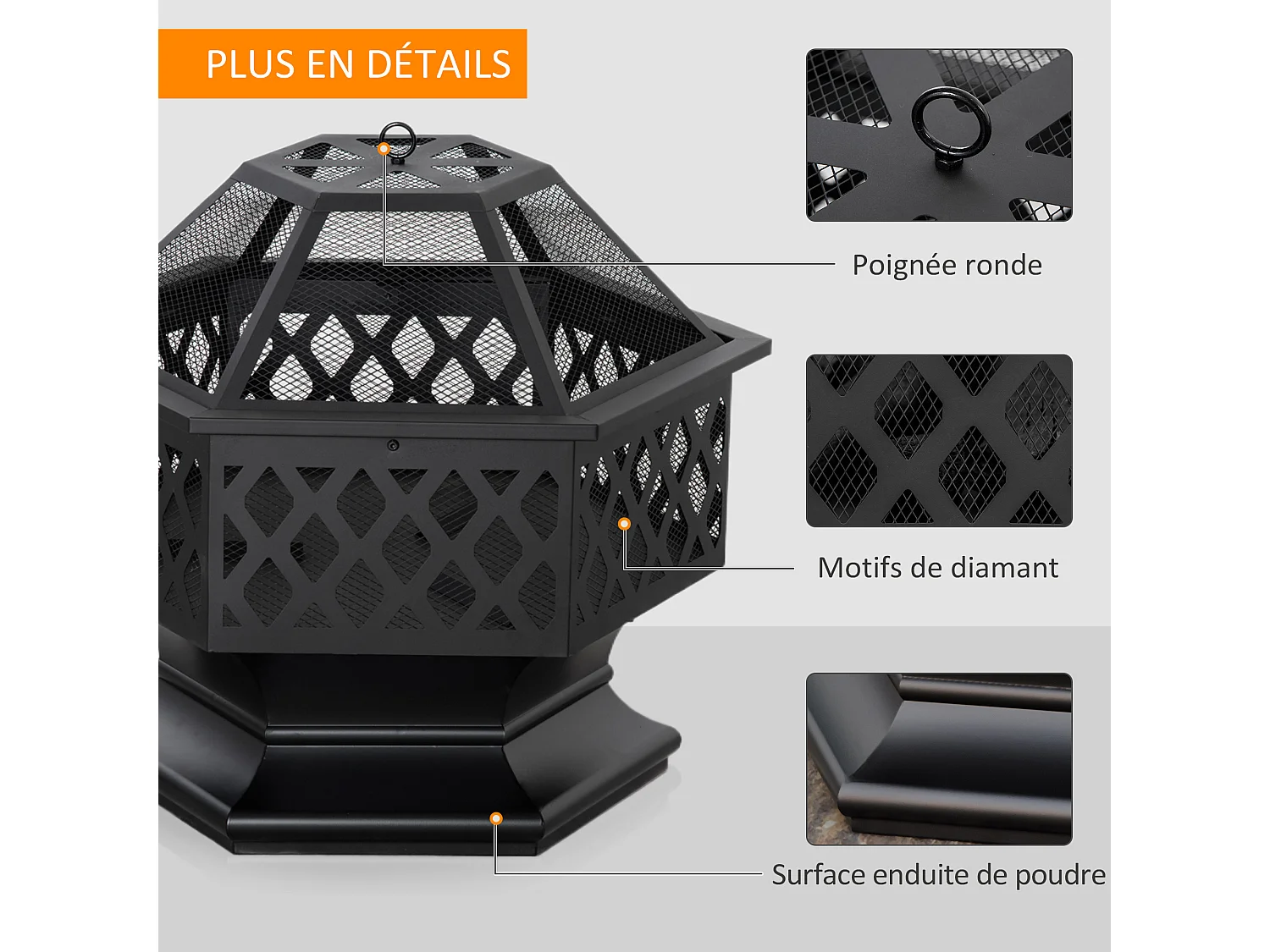 Brasero cheminée foyer extérieur hexagonal en acier pare-étincelles avec tisonnier dim. 70L x 70l x 58H cm - noir