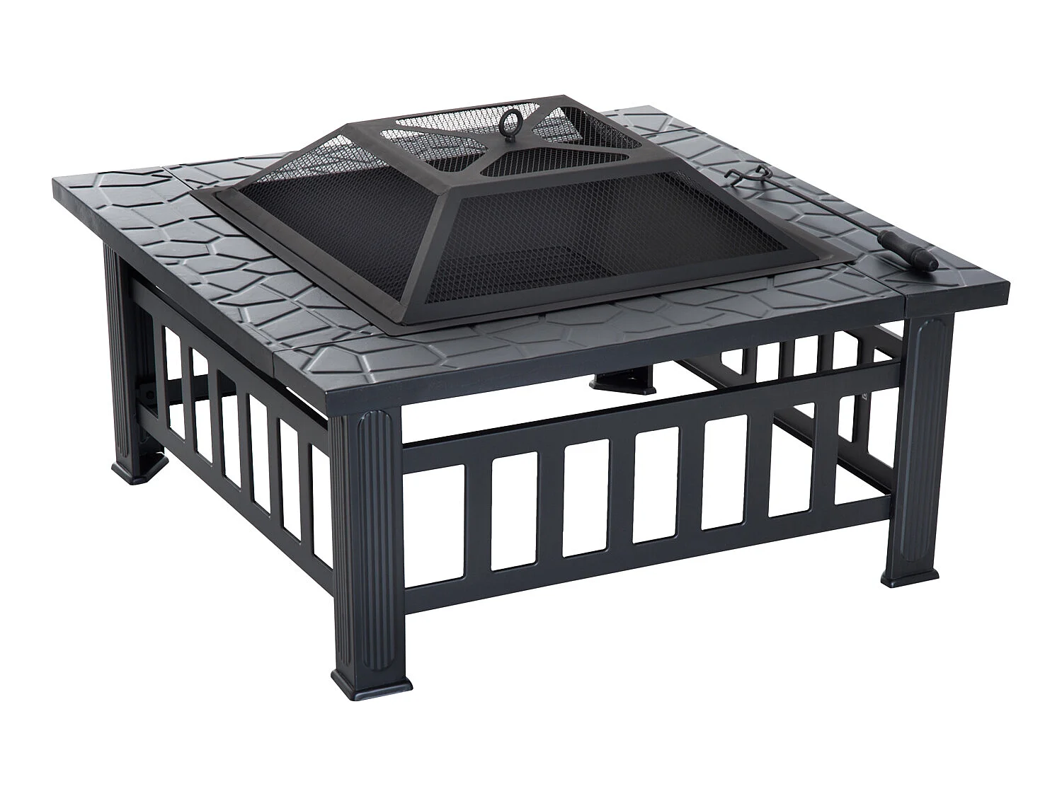 Brasero cheminée foyer extérieur dim. 86L x 86l x 54H cm grille à charbon couvercle tisonnier métal noir