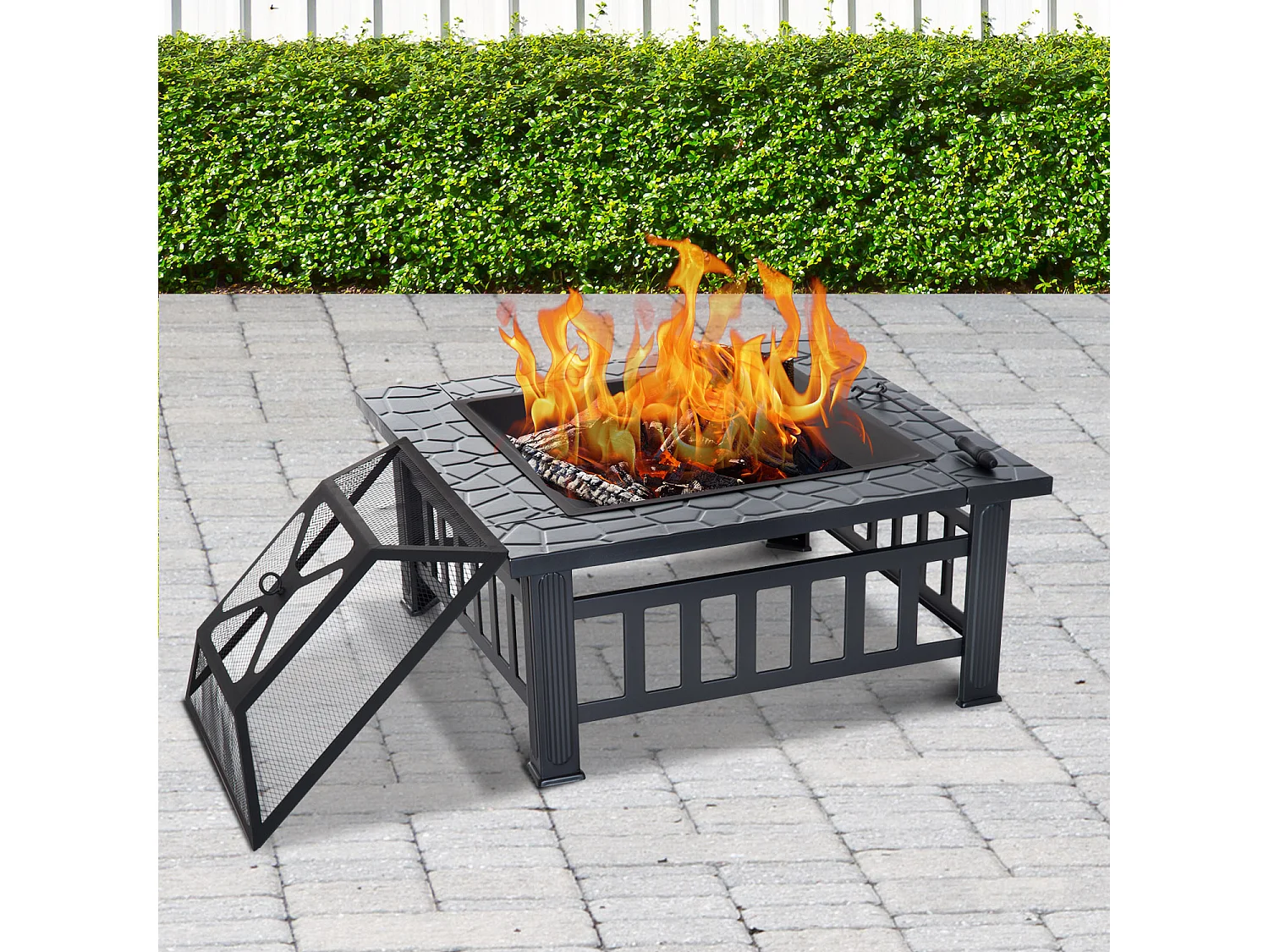 Brasero cheminée foyer extérieur dim. 86L x 86l x 54H cm grille à charbon couvercle tisonnier métal noir