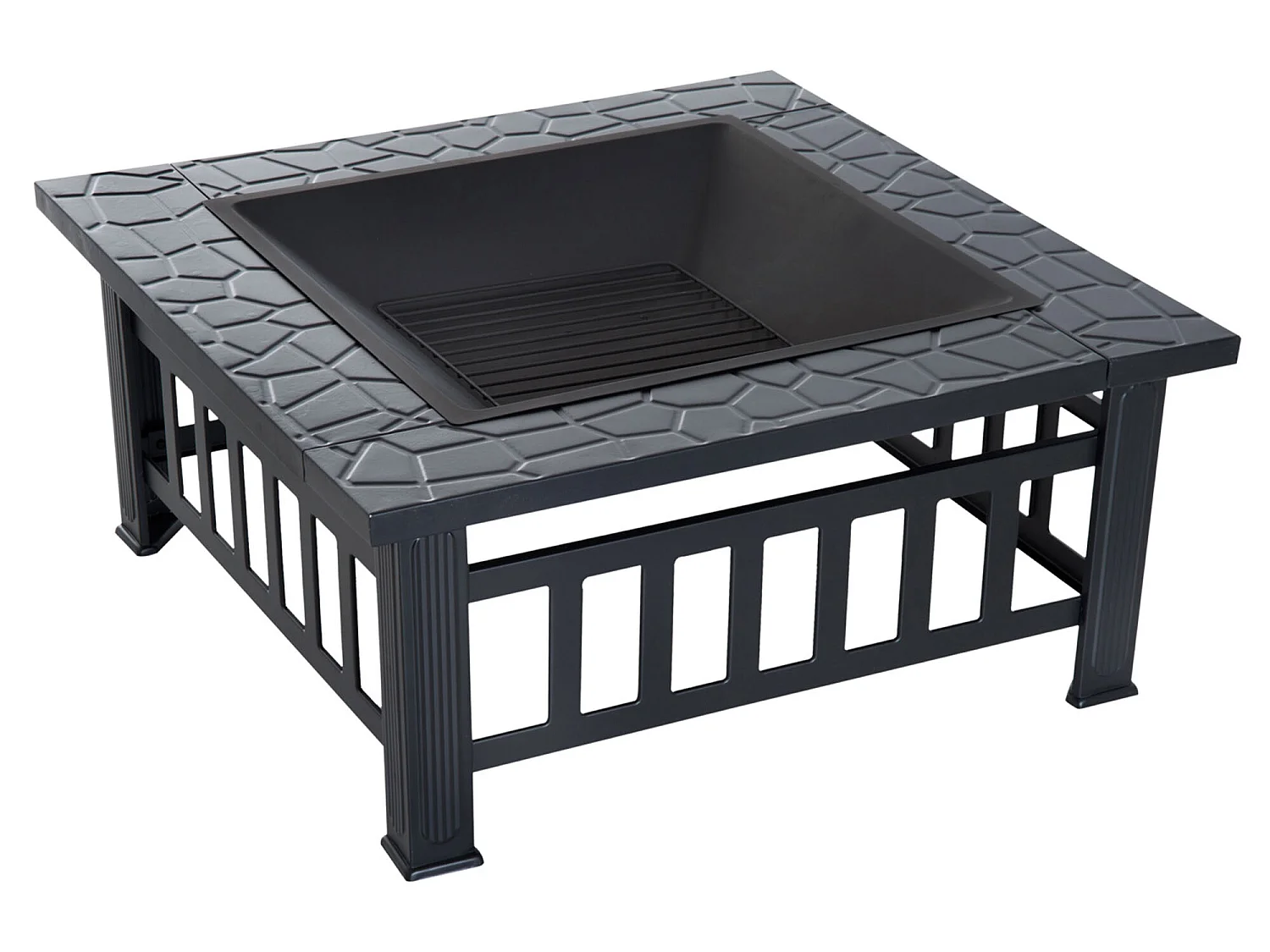 Brasero cheminée foyer extérieur dim. 86L x 86l x 54H cm grille à charbon couvercle tisonnier métal noir