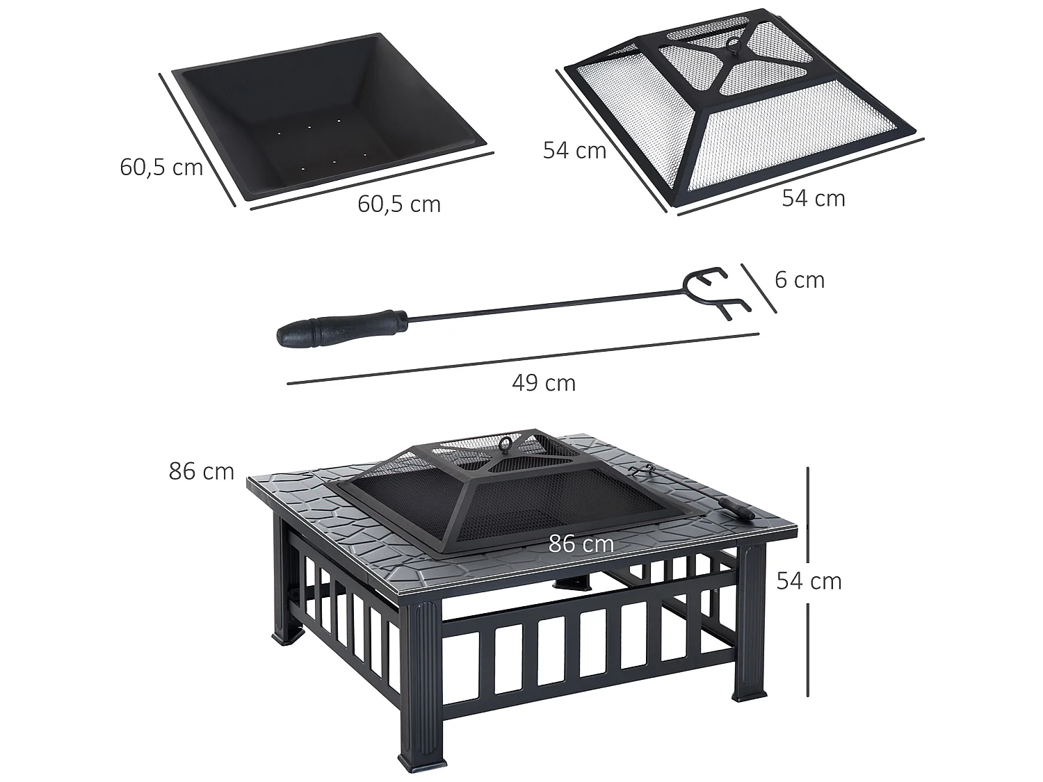 Brasero cheminée foyer extérieur dim. 86L x 86l x 54H cm grille à charbon couvercle tisonnier métal noir