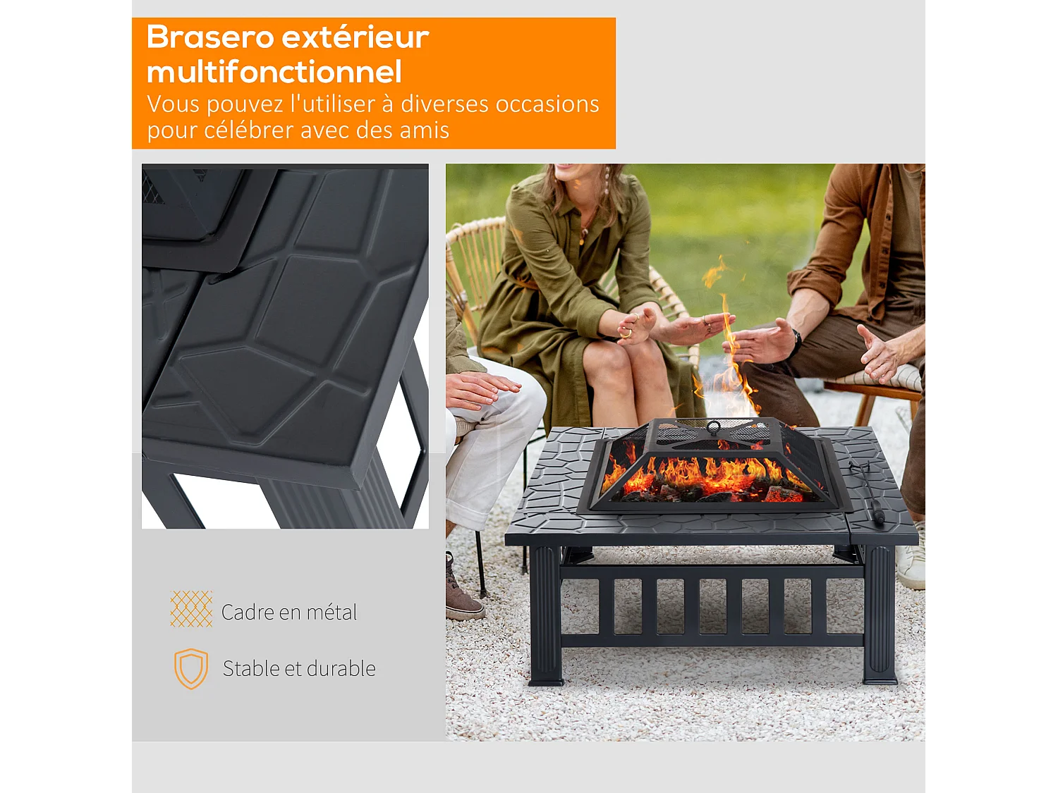 Brasero cheminée foyer extérieur dim. 86L x 86l x 54H cm grille à charbon couvercle tisonnier métal noir