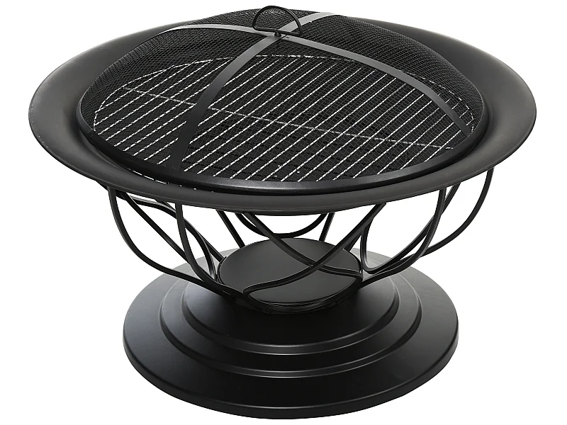 Brasero boule de feu cheminée foyer extérieur Ø 75 x 55H cm grille à charbon + cuisson couvercle tisonnier métal noir