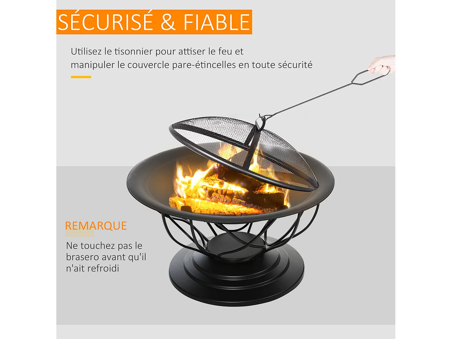 Brasero boule de feu cheminée foyer extérieur Ø 75 x 55H cm grille à charbon + cuisson couvercle tisonnier métal noir