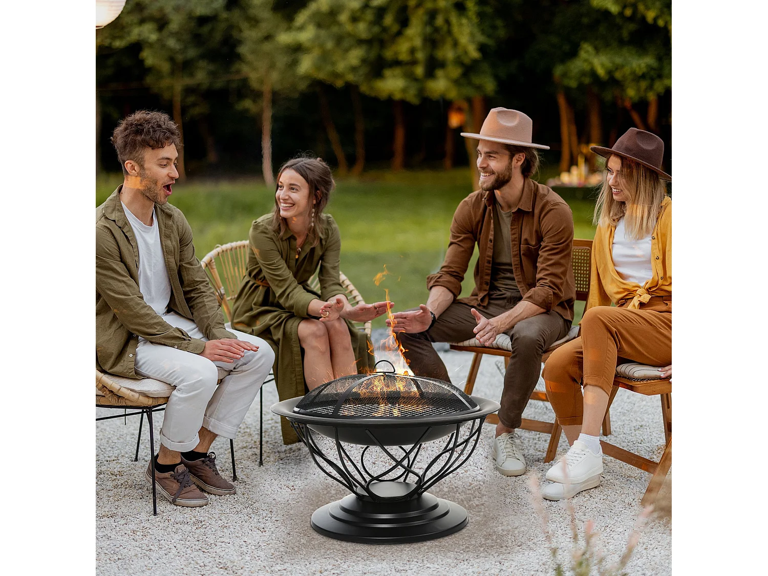 Brasero boule de feu cheminée foyer extérieur Ø 75 x 55H cm grille à charbon + cuisson couvercle tisonnier métal noir