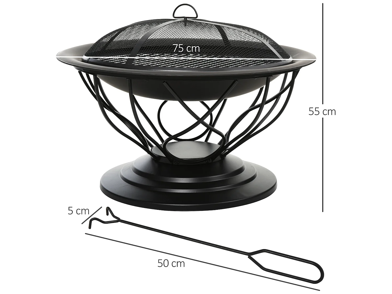Brasero boule de feu cheminée foyer extérieur Ø 75 x 55H cm grille à charbon + cuisson couvercle tisonnier métal noir