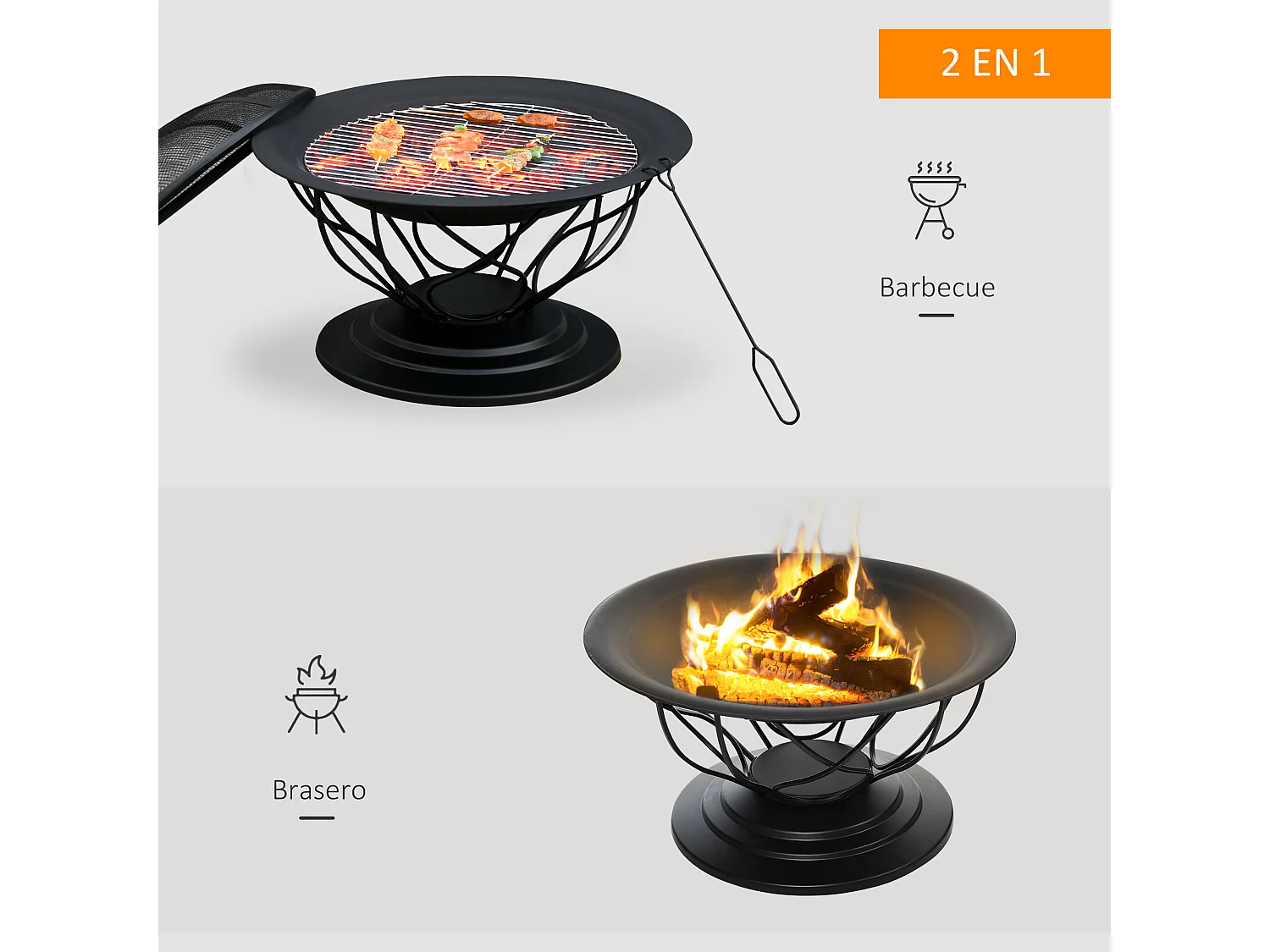 Brasero boule de feu cheminée foyer extérieur Ø 75 x 55H cm grille à charbon + cuisson couvercle tisonnier métal noir